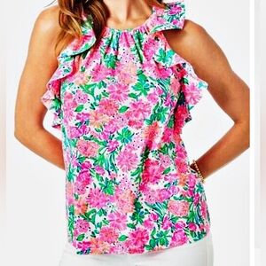 Lilly Pulitzer Marlee Ruffle Halter Top Blouse SZ S Tropical Floral 100% Cotton